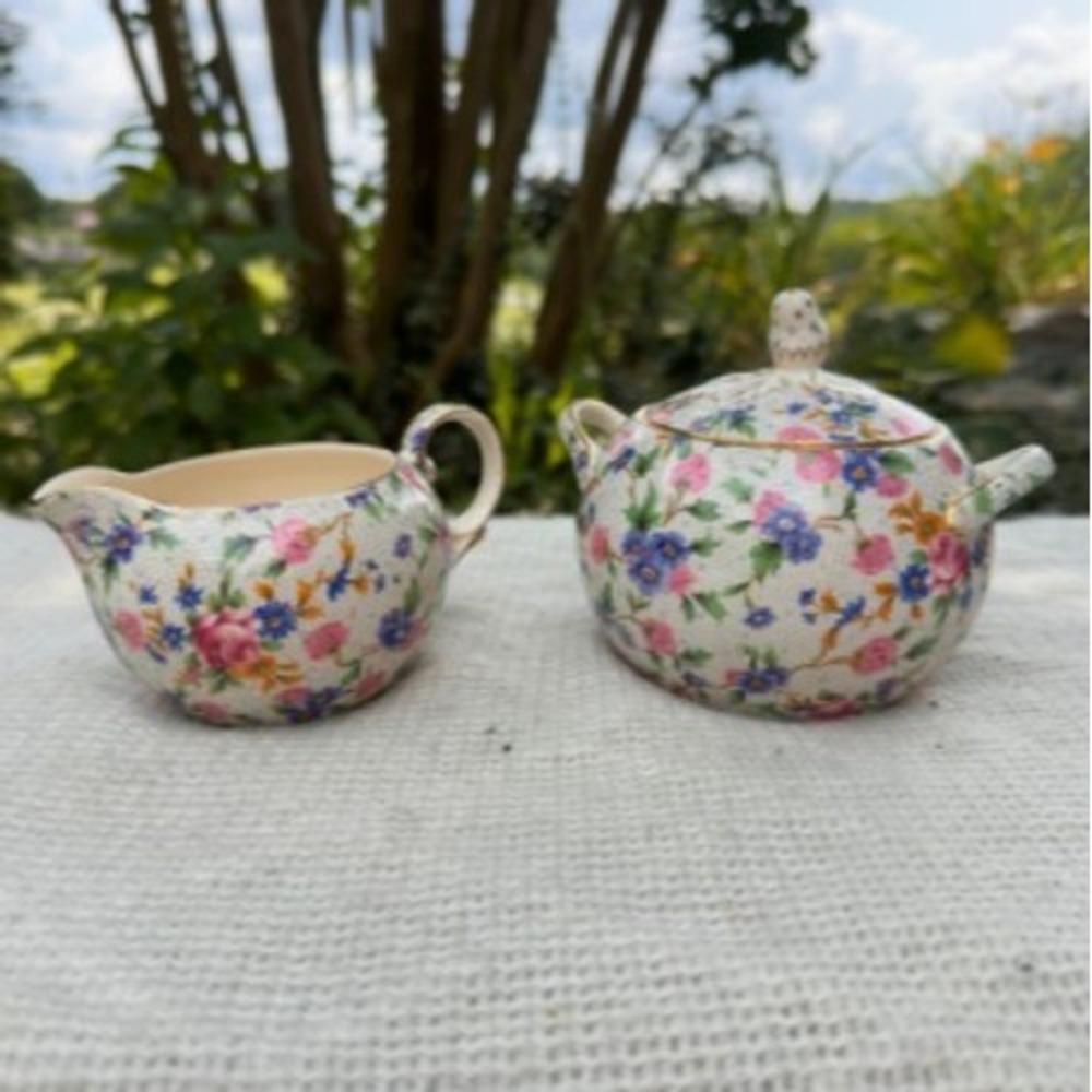 Royal Winton Old Cottage Chintz Sugar Creamer Set Elite Ivory Grimwades England
